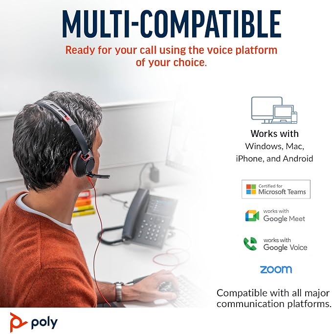 Poly Blackwire 5210 Wired Headset (Plantronics) Flexible Noise-Canceling Boom Mic Single-Ear Design - PC/Mac, Mobile via USB-C, USB-A, 3.5mm - Works w/Teams, Zoom - Amazon Exclusive (9P7X5AA)