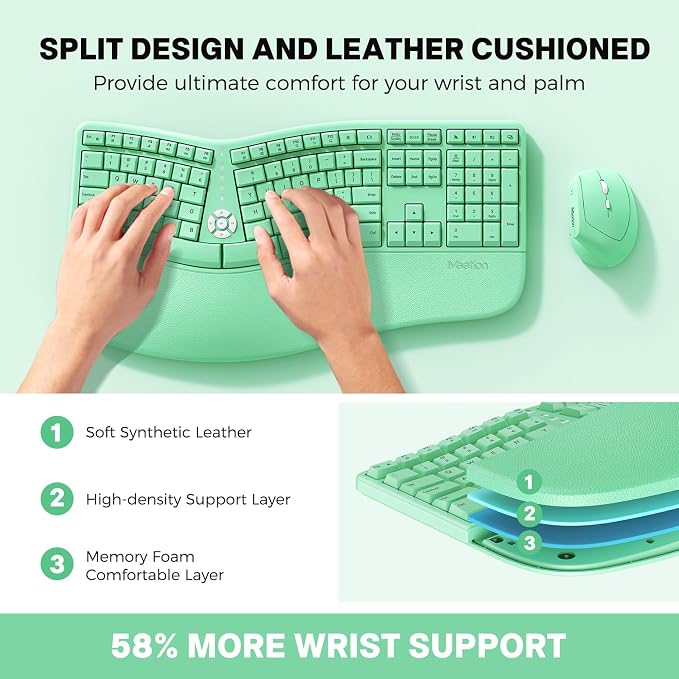 MEETION Ergonomic Keyboard and Mouse, Wireless Keyboard with Vertical Mouse, Split Curved Keyboard with Wrist Rest, USB C Rechargeable Full Size, Windows/Mac/PC/Laptop, Green