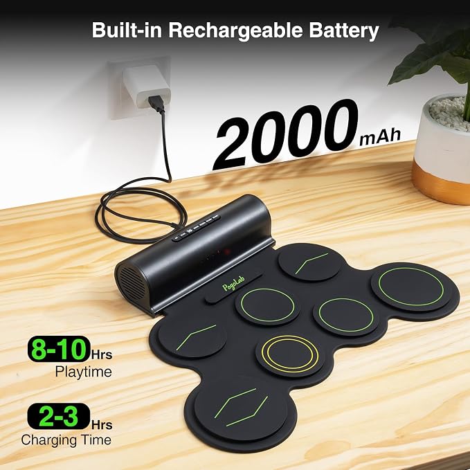 POGOLAB Electronic Drum Set, 7 Pads Roll Up Electric Drum Pad with Wireless Function, Portable Rechargeable Midi Drum Kit with Speaker/Pedals/Headphone Jack, Great Holiday Gift for Beginner (Green)