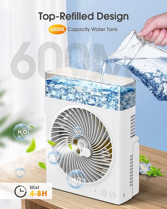 JINLICTE Portable Misting Fan,【Max 30H Runtime】 8-Inch Rechargeable Water Cooling Mist Fan with 600mL Water Tank, Quiet USB Battery Powered, Perfect Cooling for Camping Home Outside Office