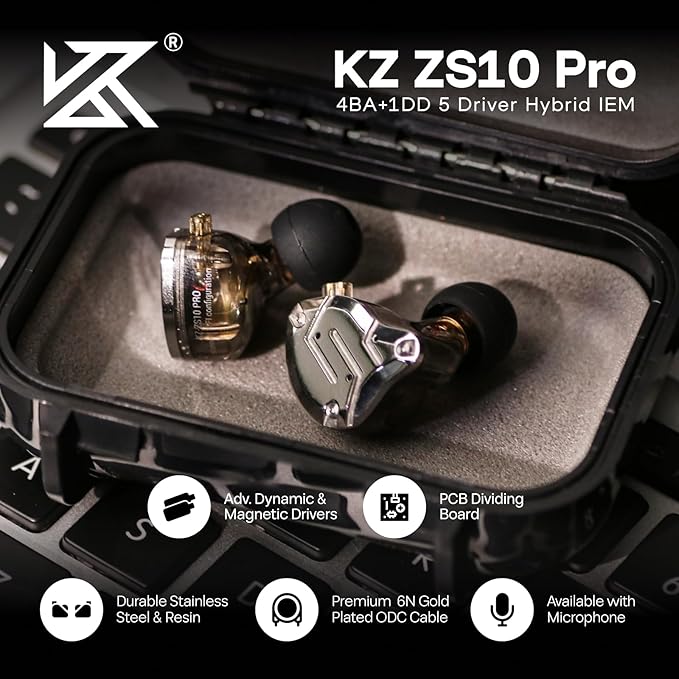 Linsoul KZ ZS10 Pro, 4BA+1DD 5 Driver in Ear Monitor, HiFi Wired Earbuds, Gaming Earbuds, Hybrid IEM Earphones with Stainless Steel Faceplate, Detachable Cable for Musician(Without Mic, Black)