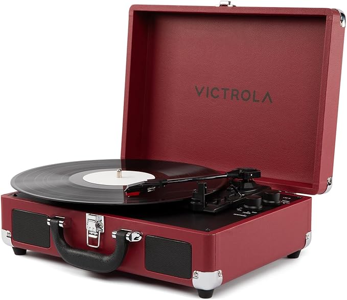 Victrola Journey II (2025 Model) – Bluetooth Suitcase Record Player – Built-in Stereo Speakers with Enhanced Bass, 3-Speed Turntable, Bluetooth Input and Output, RCA & Headphone Outputs (Maroon)