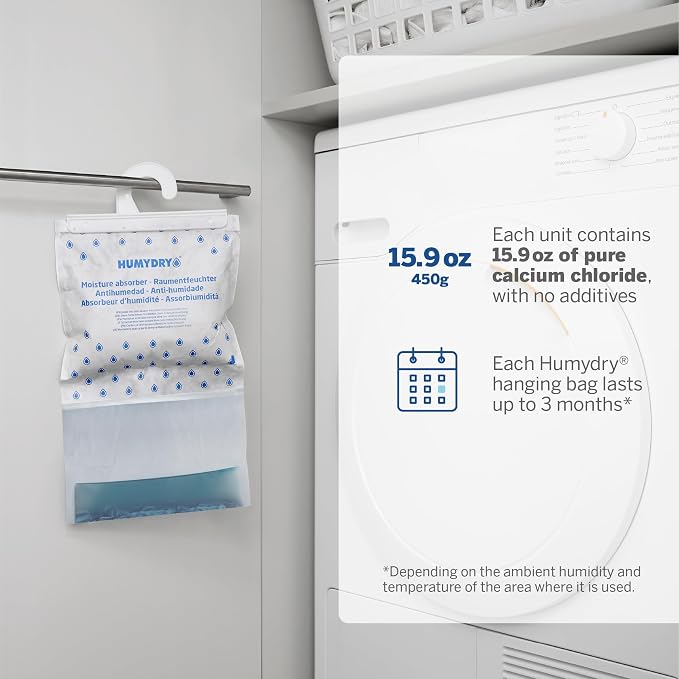 HUMYDRY Hanging Moisture Absorber for Closets, Pack of 6 Unscented 15.9 Oz Dehumidifier Bags, Each Bag Lasts 3 Months, Fights Summer Humidity, Non Electric for Wardrobes & Storage