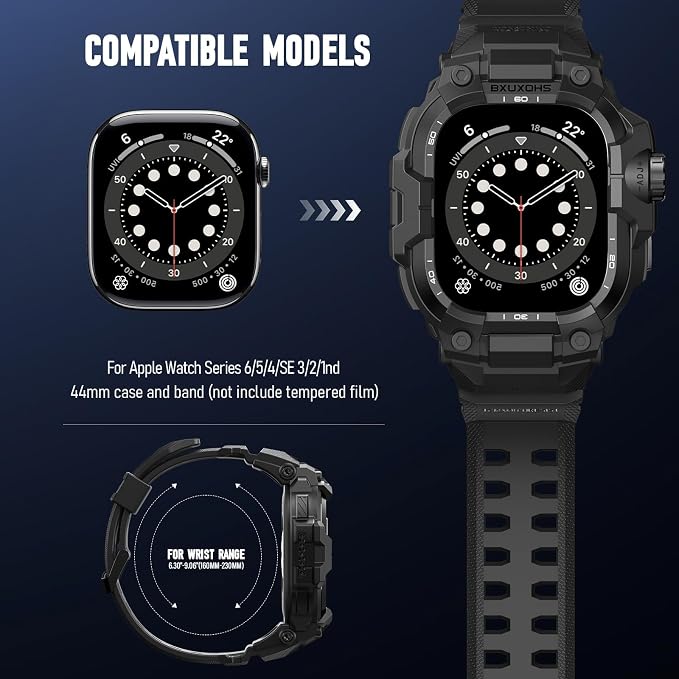 BXUXOHS Rugged Case and Band for Apple Watch 44mm Men, Compatible with Apple Watch SE 3/SE 2nd Generation/SE/Series 6/5/4, Military Grade Shockproof Bumper Cover,Tactical Band Case for iWatch 6/5/4/SE