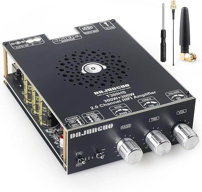 600W Audio Amplifier Board with Treble and Bass Control, TPA3255 Chips, DC 19-51V, Bluetooth 5.2 and AUX Inputs, 2.0 Channel Stereo AMP Board for DIY Wireless Speakers