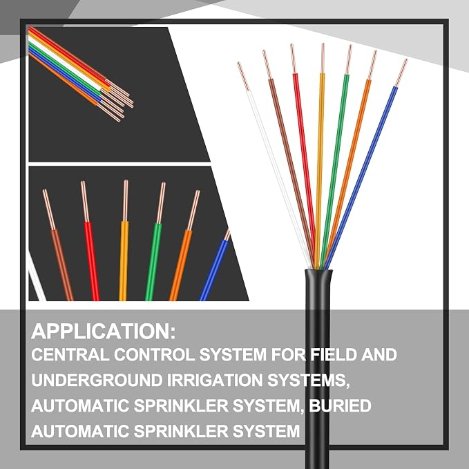 Hoolerry Solid Sprinkler System Wire 18 Gauge Irrigation Wire with UV Resistant PVC Jacket Sprinkler Cable for Underground Irrigation Field Central Control System 30v Ul Listed(18/7, 100 Ft)