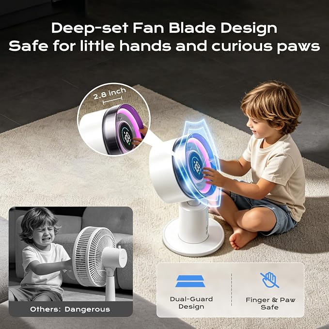 KIMMOO USB Rechargable Desk Fan, 2-in-1 Turbo Table Fan with 5-Color Light, 180° Oscillating,100 Speeds, 6000mAh Battery, LED Display, Quiet Portable Desktop Fan for Bedroom/Office/Dorm/Home (White)