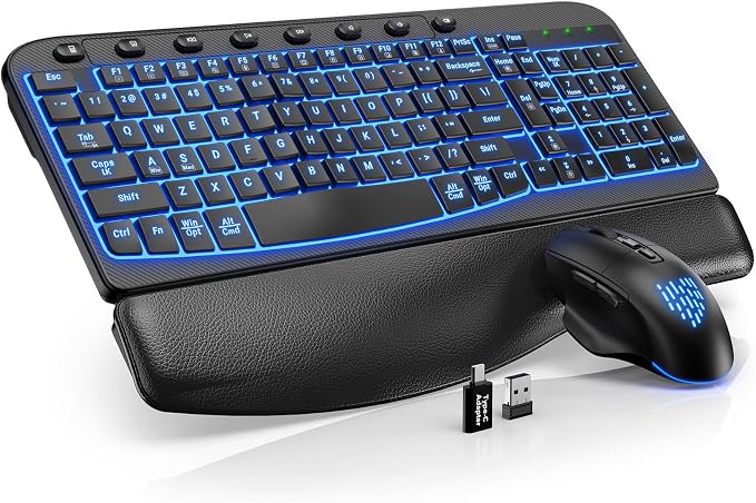 SABLUTE Wireless Keyboard and Mouse Combo Ergonomic - MA12Pro Wave Keyboard with Leather Wrist Rest for Comfortable Typing, RGB Backlit Rechargeable for Windows, Mac, PC, Laptop