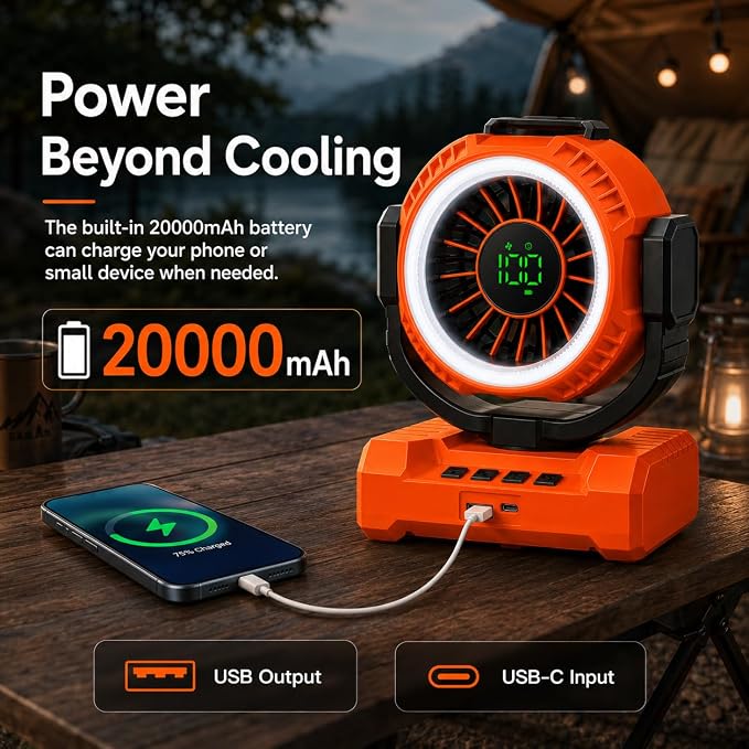 Portable Camping Fan 3-in-1, Auto-Oscillating 20000mAh Rechargeable Fan with Light, 1-100 Speed, 12H Timer, Display, Cordless Battery Powered Fan for Indoor, Outdoor, Travel, Fishing, Tent, Bedroom
