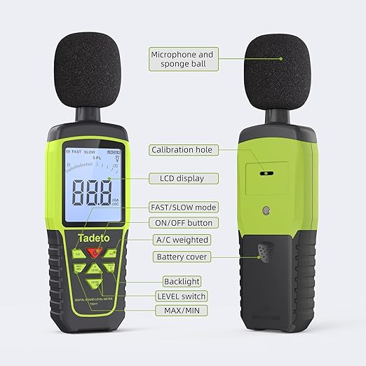 Decibel Meter, Tadeto Digital Sound Level Meter Portable SPL Meter 30dB to 130dB(5 Measurement Range) Backlight LCD Display, MAX/MIN Noise Measurement, Audible and Visual Alarms,Data Hold, A/C Mode
