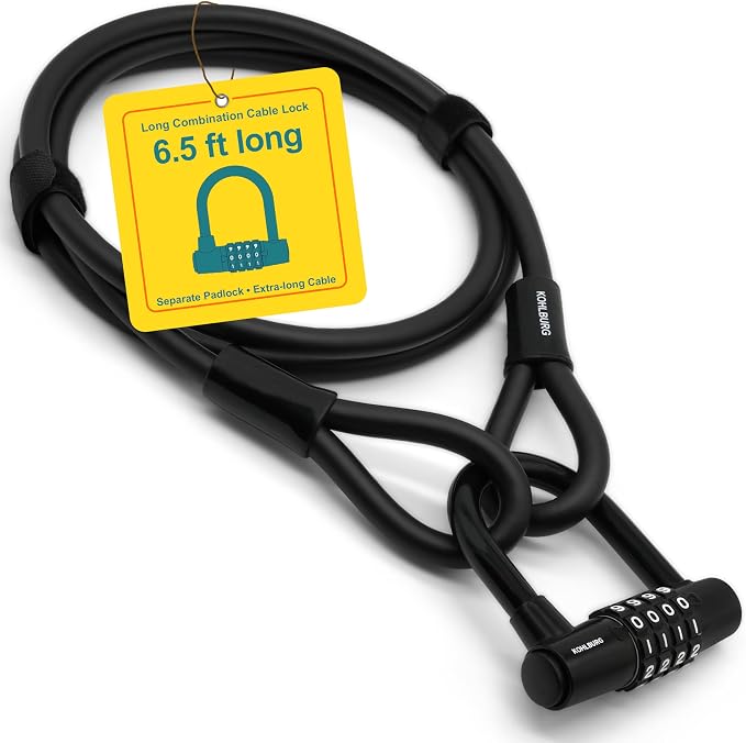 KOHLBURG Cable Lock 6.5ft / 2 Meter Long with Code – 79” / 200cm Combination Lock – Steel Cable Lock with Hook & Loop Straps – Steel Cable with Number Padlock for Bicycle, Garden Furniture & Bike Lock