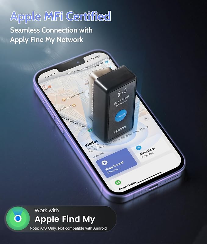 Mini GPS Tracker for Vehicles No Monthly Fee/No Subscription, Hidden Tracker Device for Vehicles, MFi Certified Car Tracker with Find My(iOS Only), Global Tracking