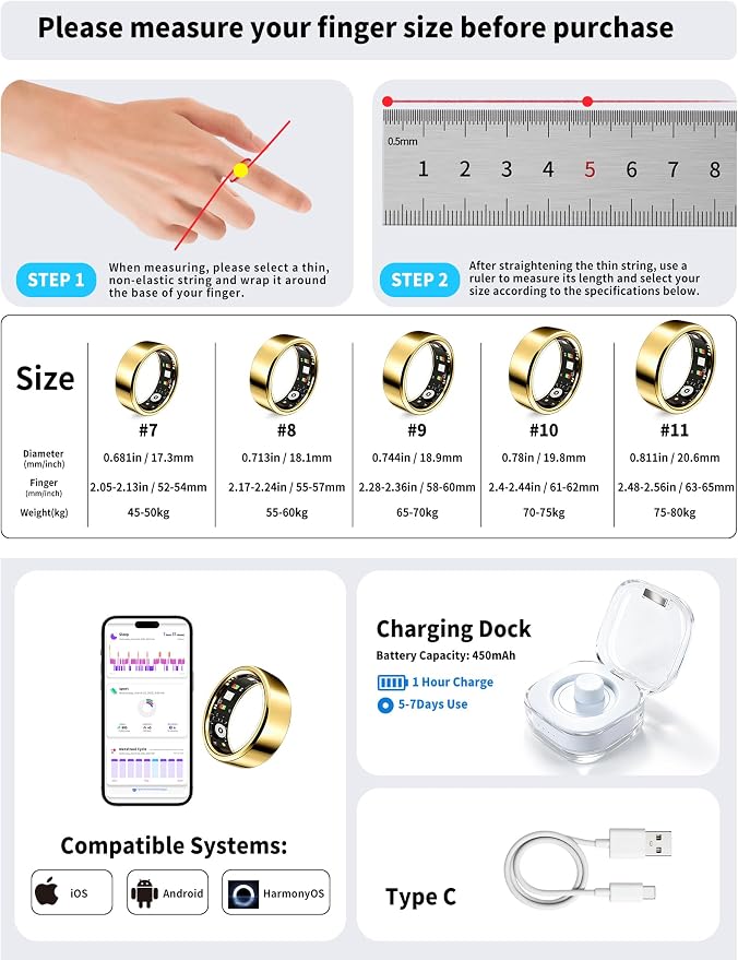 Smart Ring for Women Men Fitness Tracker Heart Rate Sleep Trends 128 Sports Modes Gesture Control Cycle Tracking IP68 Waterproof No Subscription Compatible with iPhone Android (Gold, Size 8)