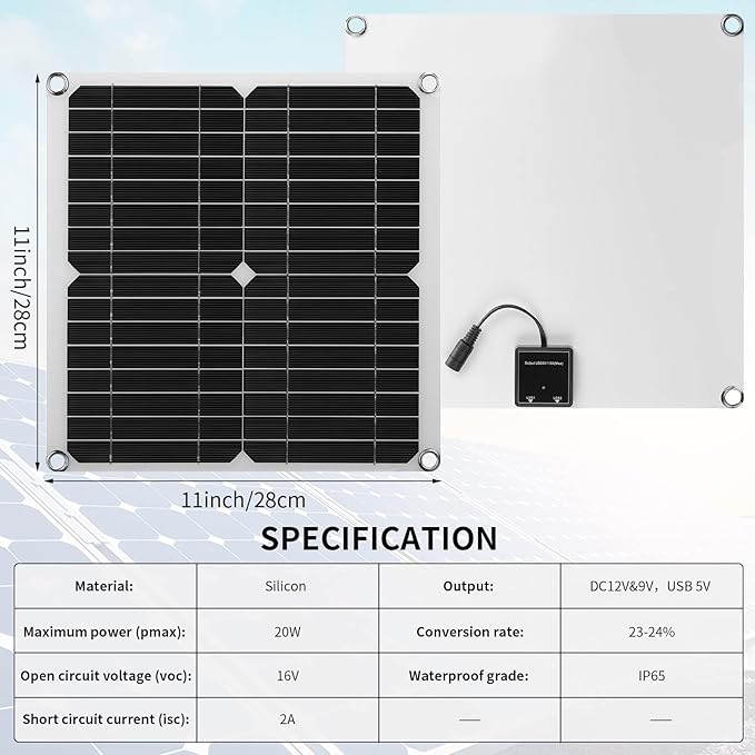 Riakrum 20W 16V Solar Panel Exhaust Fan Kit USB Portable Solar Powered Fan Summer Outdoor Waterproof Ventilator Fan for Chicken Coops, Greenhouses, Camping Exhaust (1 Set)
