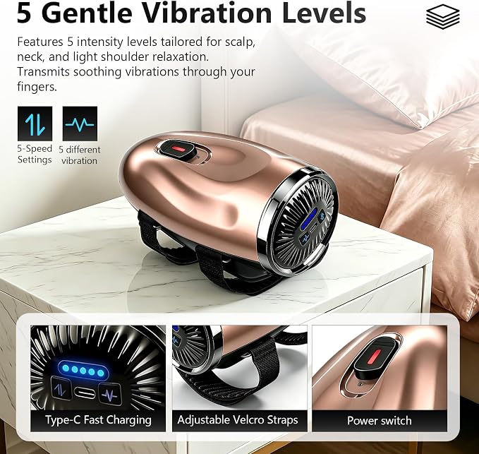 Professional Handheld Palm Massager with Adjustable Straps, 5 Modes, 2600mAh USB Rechargeable Vibrating Massager for Barber Salon, Neck & Scalp Care（Rose Gold）