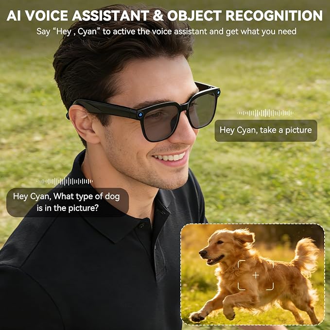 AI Smart Glasses with Camera,8MP Camera Glasses,1080P Anti-Shake Video Recording, Real Time Translation,AI Voice Assistant,Object Recognition,Bluetooth Sunglasses for Men Women(Black Lenses)