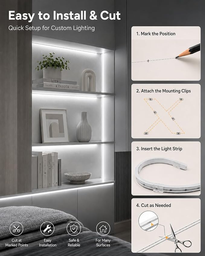White Led Strip Lights, 16.4ft/5m Neon Light Strip, 12V Flex Waterproof Neon LED Strip Silicone LED Neon Rope Light for Kitchen Bedroom Indoor Outdoor Decoration（Power Adapter not Included