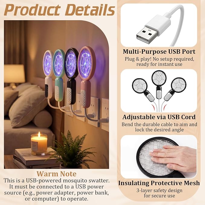 12 Pcs Mini Electric Mosquito Swatter Plug-and-Play USB Bug Attracting Lamp Portable Mosquito Killer Lamp UV Insect Trap Safety Net for Outdoor Gnats, Moths, Fruit Flies (Classic Colors)