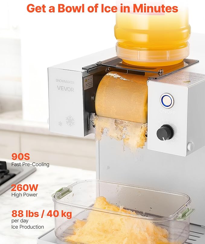 VEVOR Snowflake Ice Machine, 88LBS/24H Snowflake Ice Maker, Ice-Shaver Machine with Stainless Steel Blade, Electric Snow Cone Maker with 0.48 Gal Tank, 90S Fast Pre-Cooling, for Home & Small Gathering