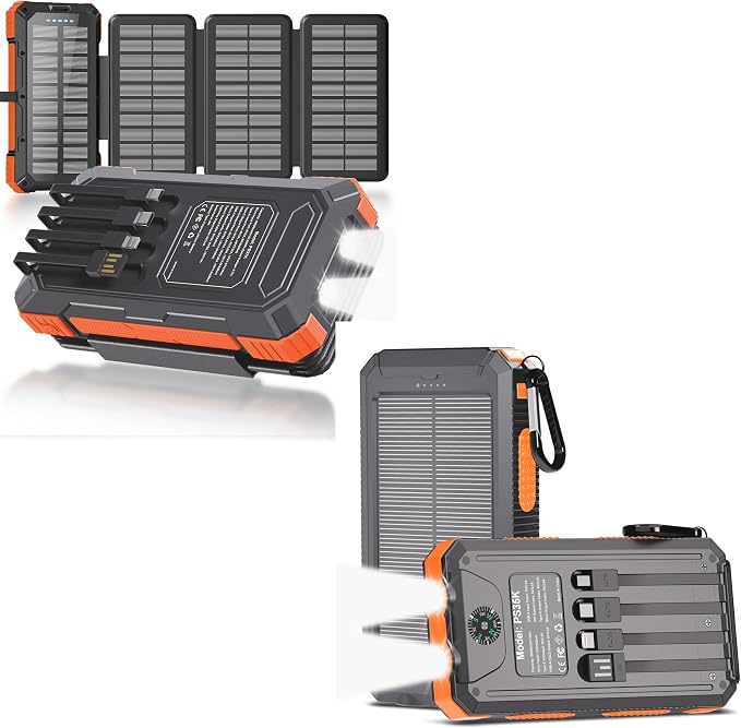 Power Bank 2 Pack, Solar Charger with Built-in Cables 49800mAh +Solar Power Bank 20000mAh for iPhone Android Samsung, iPad
