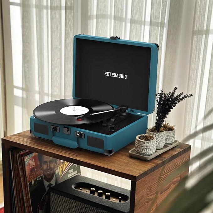 Vinyl Record Player 3 Speed Bluetooth Portable Suitcase Belt-Driven Record Player with 2 Built-in Stereo Speakers Vinyl Vintage Turntable Records Player with RCA Line Out, AUX Out (Smoke Blue)