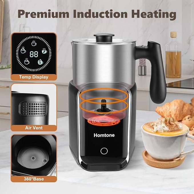 Homtone Upgraded 5-in-1 Electric Milk Frother,Large 21 oz Capacity Induction Milk Steamer,Removable Stainless Steel Automatic Milk Foamer for Latte, Hot Chocolate, Hot & Cold Foam