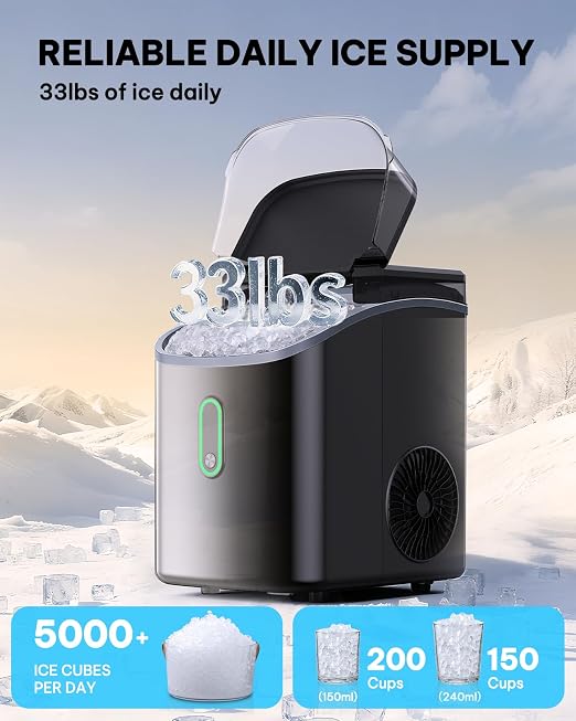 Silonn Nugget Ice Makers Countertop with Soft Chewable Ice, Portable Ice Machine with Crushed Ice, One-Click Operation Pebble Ice Maker with Self-Cleaning, 33lbs/24H for Home,Kitchen,Office