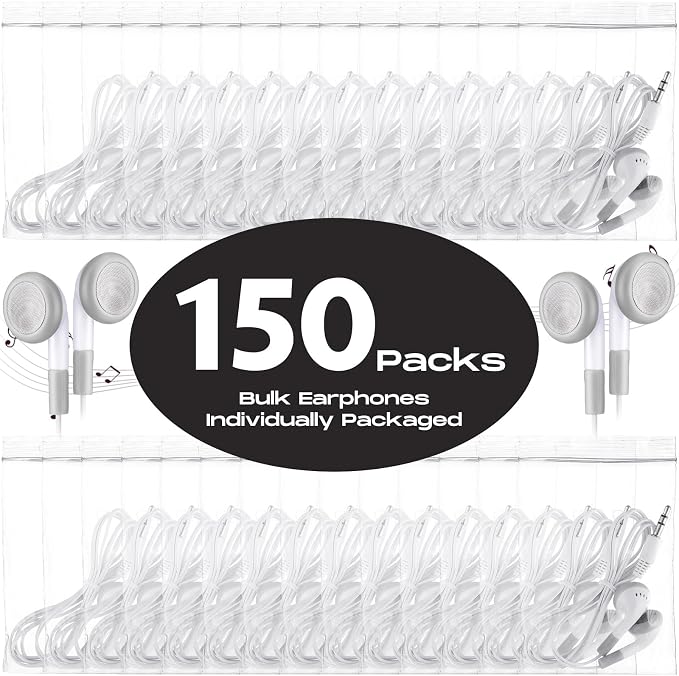 Konohan 150 Packs Earbuds Bulk Earphones with 3.5 mm Headphones Wired Ear Earbud Wired Earphone for Adult Teacher Office Home Computer Travel Library Individually Packed(White)