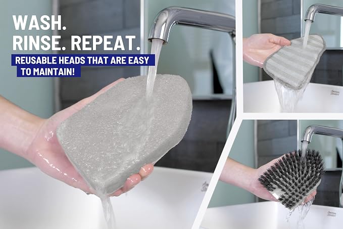 Moku Home Shower Scrubber 3 in 1 Extendable Long Handle 58" Cleaning Brush Bundle Value Pack - Non Scratch Shower Brush for Cleaning Bathroom Kitchen Toilet Wall Tub Tile Sink with 8 Refills (Gray)