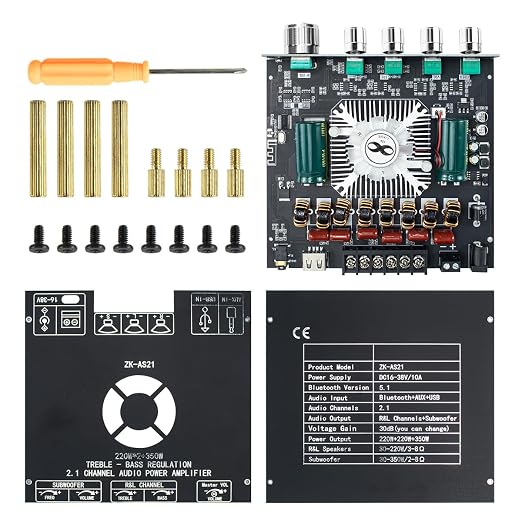 ZK-AS21 TPA3255 Bluetooth 5.1 Power Amplifier Board HiFi 2.1 Channel 220Wx2+350W Digital Audio Receiver AMP Board with Treble and Bass Control for DIY Speakers