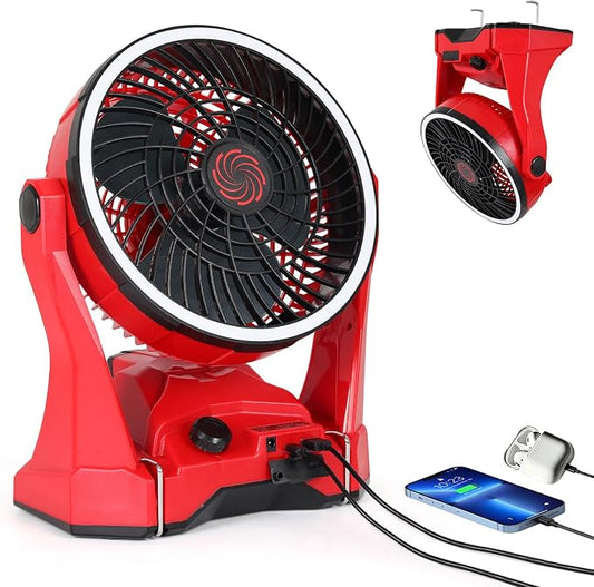 Fan Compatible with Milwaukee M18 Battery Portable Jobsite Camping Fan with Infinite Speed Control USB-C and USB Charging, Hook, Handle 270° Tilt 4.5H Max Runtime for Outdoor Use Battery Not Included