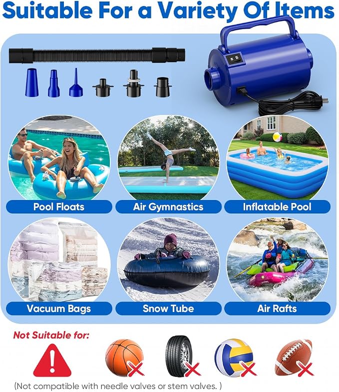 Electric Air Pump with Hose for Inflatables, High Power Inflator Deflator Blow Up Pump with 6 Nozzles, Pool Toy Float Pump for Pool Floats, Air Mattress, Gym Mat, 320W, 1.5PSI, 120V AC, Blue