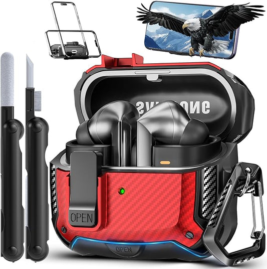 with Phone Stand for Samsung Galaxy Buds3 FE (2025) / Buds3 Pro (2024) / Buds 3 Case (2024),with Secure Lock Clip & Cleaning kit Full Body Shockproof Carbon Fiber Protection Design