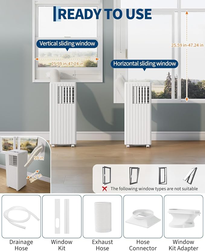 Portable Air Conditioner 8,000 BTU, 3-in-1 AC Unit (Cool, Fan, Dehumidify) for Rooms up to 350 Sq.Ft., Portable AC with Remote Control, Sleep Mode & 24H Timer, Quiet Cooling Unit for Home, Dorm, RV
