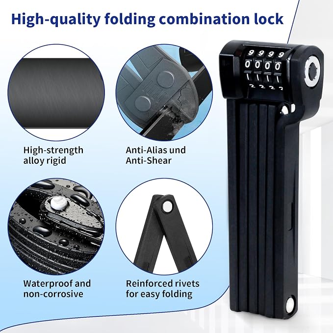 Auto Care Bike Fold Code Lock, 35 Inch Thickened Alloy Steel 4-Digit Combination Folding Lock with Lock Bracket, Heavy Duty Foldable Bicycle Lock with Reflective Spokes for Mountain Bikes, Bicycles