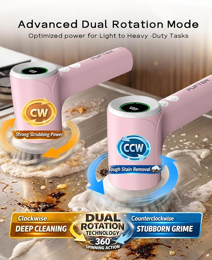 PUFTEM Shower Scrubber, Electric Spin Scrubber for Bathroom Cleaning – Cordless Shower Cleaner Brush with 6 Brush Heads, Dual-Direction Rotation, for Grout, Tile, Tub, Sink & Corners, Pink