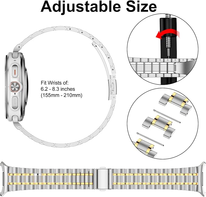 SUPLINK Stainless Steel Bands Compatible with Samsung Galaxy Watch Ultra Band Men Women, Adjustable Metal Replacement Band for Samsung Watch Ultra Bands 47mm, Silver Gold