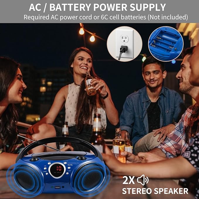 Singingwood Portable CD Player Boombox AM FM Radio, Bluetooth, USB Port CD-R/RW, MP3 CDs, 3.5mm Aux Input and Headphone Jack-Dual Power AC/Battery Stereo Sound System for Home & Outdoor (Blue)