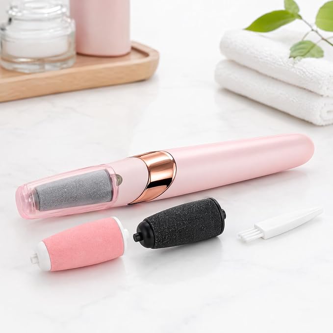 Electric Foot File and Callus Remover,Dual Roller Heads 2 SpeedsProfessional Pedicure Tools for Dry, Calluses, Dead, Cracked, Hard Skin,Equipped with 2 Grinding Heads and 1 USB&Cleaning Brush(Pink)