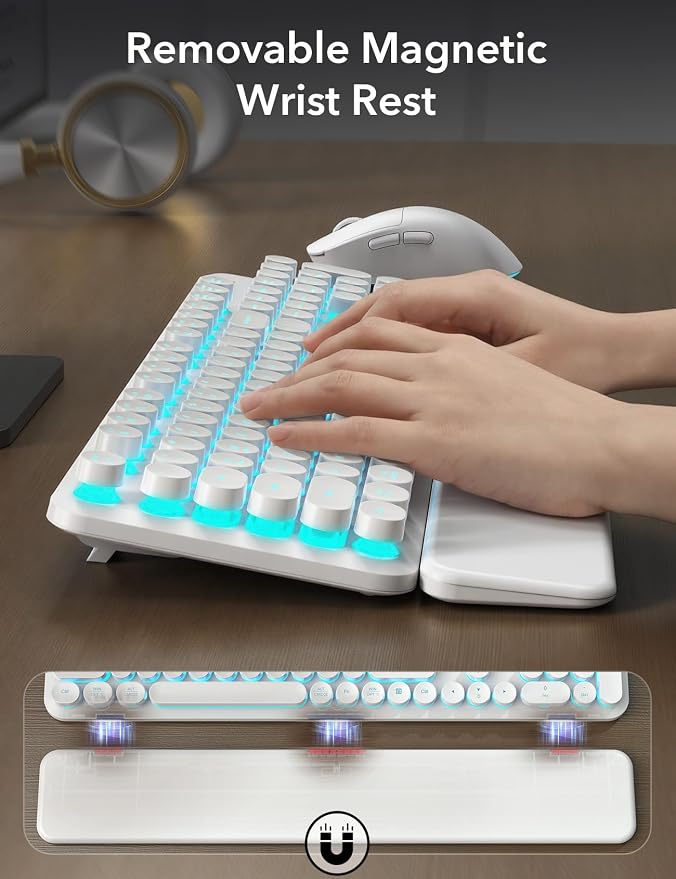Wireless Keyboard and Mouse Backlit - White Typewriter Keyboard with Magnetic Wrist Rest, Retro Round Keycaps, Light Up Letters, 2.4GHz Cordless Combo for Mac, Windows, PC, Laptop, Trueque [Upgraded]