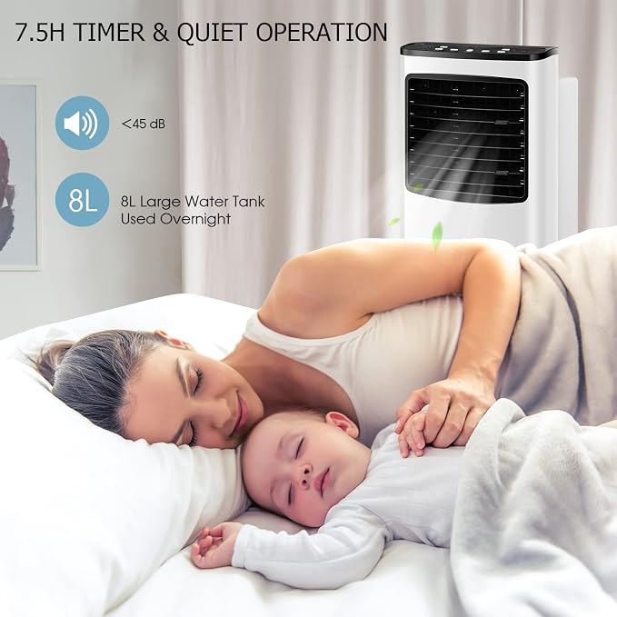 PETSITE Portable Evaporative Air Cooler, 3-in-1 Oscillation Cooling Fan with Remote Control, 2 Ice Packs, Humidifying, 3 Speeds, 7.5H Timer, Personal Swamp Cooler for Bedroom Home Office Garage