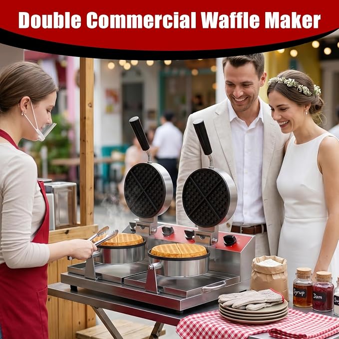 CROSSON Commercial Double Waffle Maker,Professional Dual-Head Round Belgian Waffle Maker Non-Stick Plate Machine with Temp and Time Control for Home Kitchen,Restaurant Bakeries Kitchen 120V/2600W