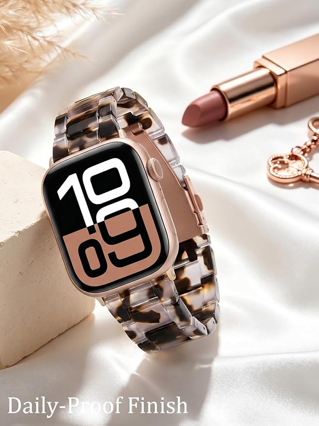 V-MORO Resin Strap Compatible with Apple Watch Series 11/10/9/8/7 40mm 41mm 42mm 38mm Lightweight Fashion Wristband Bracelet for iWatch Series 6/5/4/3/2/1 with Rose Gold Buckle Clear Tortoise