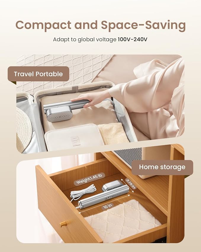 Travel Steamer for Clothes,100-240V Portable Garment Steamer, Steamer＆Iron 2 In 1, 30s Fast Heat-up,120ml Water Tank,Large Ceramic Heat Panel,Handheld Steamer for Global ＆ Europe Traveling,Silver