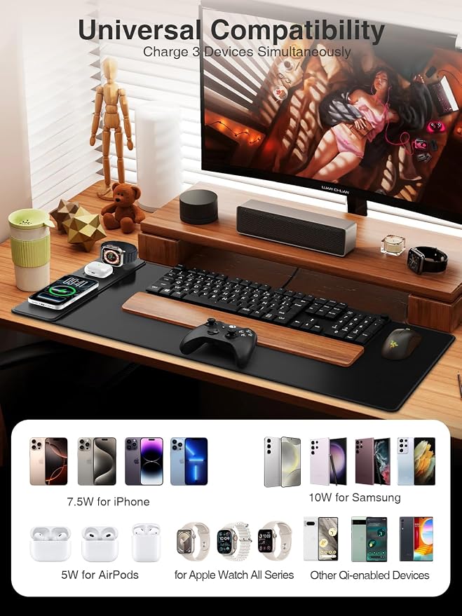 Mouse Pad with Wireless Charging for Phone/AirPods/Apple Watch, 31.5"x15.8" Large, Waterproof Smooth Surface, Non-Slip Base, with Adapter