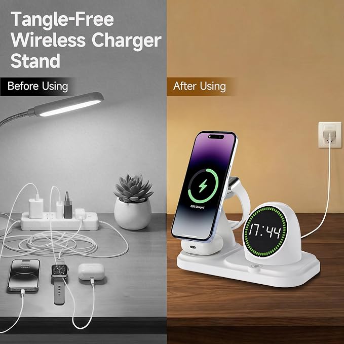 6 in 1 Wireless Charger Charging Station : Compatibility for iPhone 17 16 15 14 13 Pro Max Apple Watch, Charger Stand for Apple Devices, with Wireless Speaker and Digital Clock Ambient Lights (White)