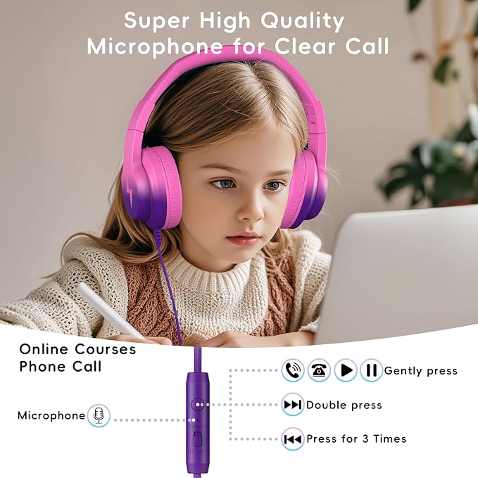 Candy Bila Kids Headphones, Wired Headphones for Kids Over Ear with Microphone, 85/94dB Volume Headphone for Girls Boys, Foldable Headphone for Learning & Entertainment, Deep Purple and Pink