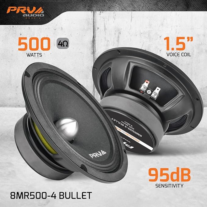PRV AUDIO 8 Inch Midrange Speaker 8MR500-4 Bullet, 500 Watts Program Power, 4 Ohm, 1.5 in Voice Coil Bullet Speakers for Car Audio Door Louspeaker (Single)
