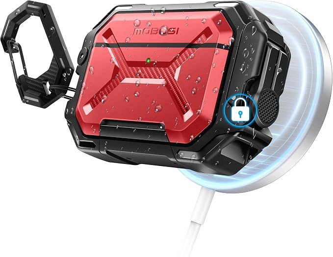 MOBOSI for AirPods Pro 3 Case [IP68 Waterproof Case for iPods Pro 3&Compatible with MagSafe] Military Grade Protective Earpods Pro3 Cover with Secure Lock, Keychain & Phone Stand (2025),Red