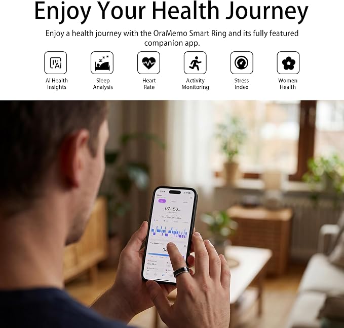 Smart Ring 1.0 for Men/Women, No Subscription Fee, 7-8 Days Battery Life, HRV/Stress Monitoring/Sleep Track/Fitness for iOS and Android, Gloss Black & Silver, Size 8